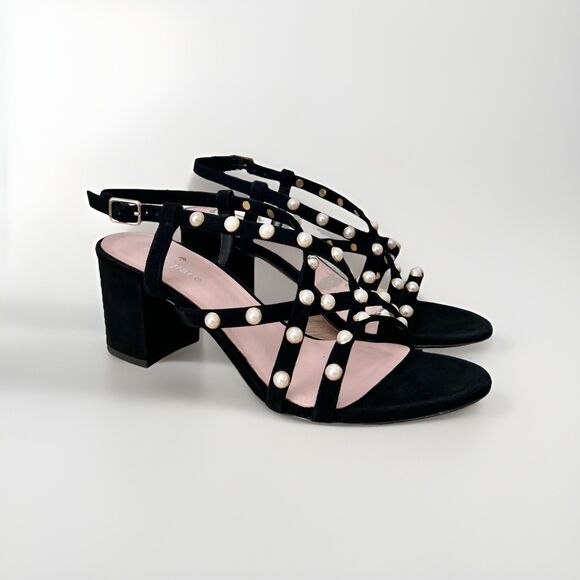 Kate Spade Wynne Black Suede Pearl Embellished Block Heel Sandals Women's Sz 7.5 - Picture 1 of 11